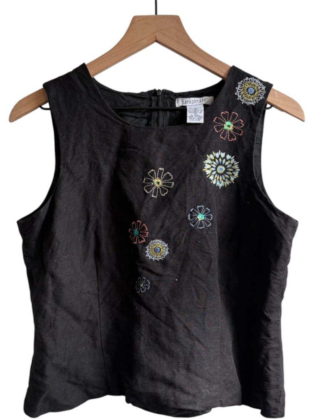Vintage 90s Embroidered Floral Linen Tank Top Black Sleeveless Blouse Size 10